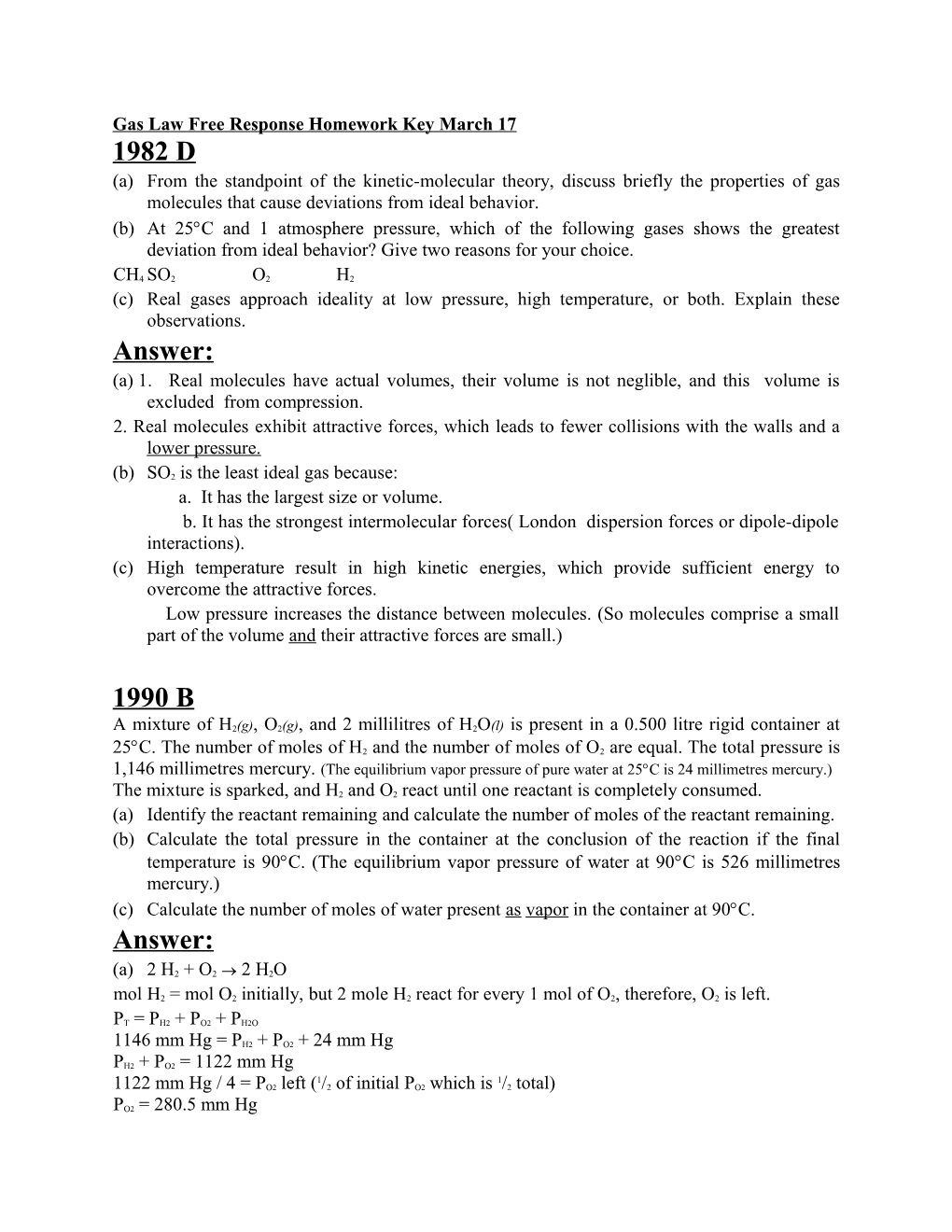 Gas Law Free Response Homework Key March 17