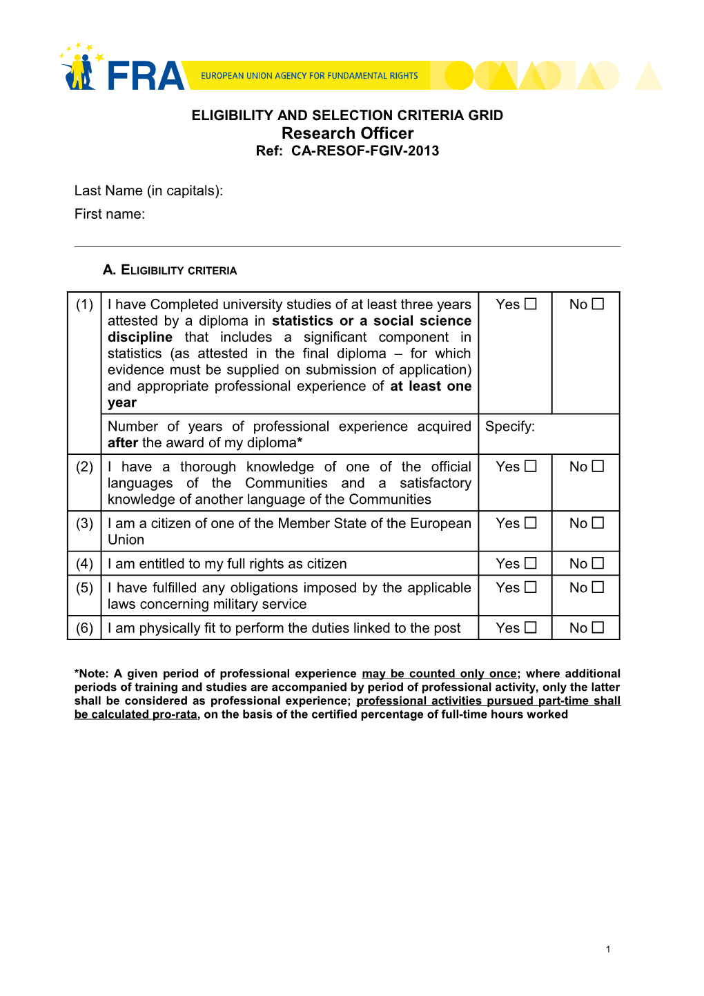 Eligibility and Selection Criteria Grid