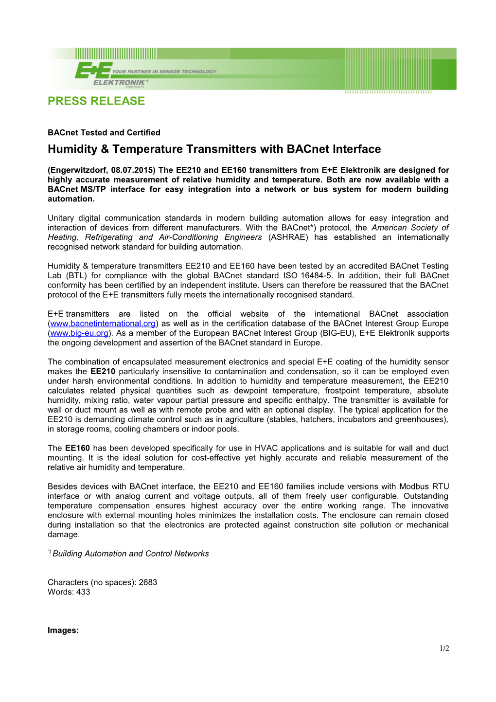 Humidity & Temperature Transmitters with Bacnet Interface