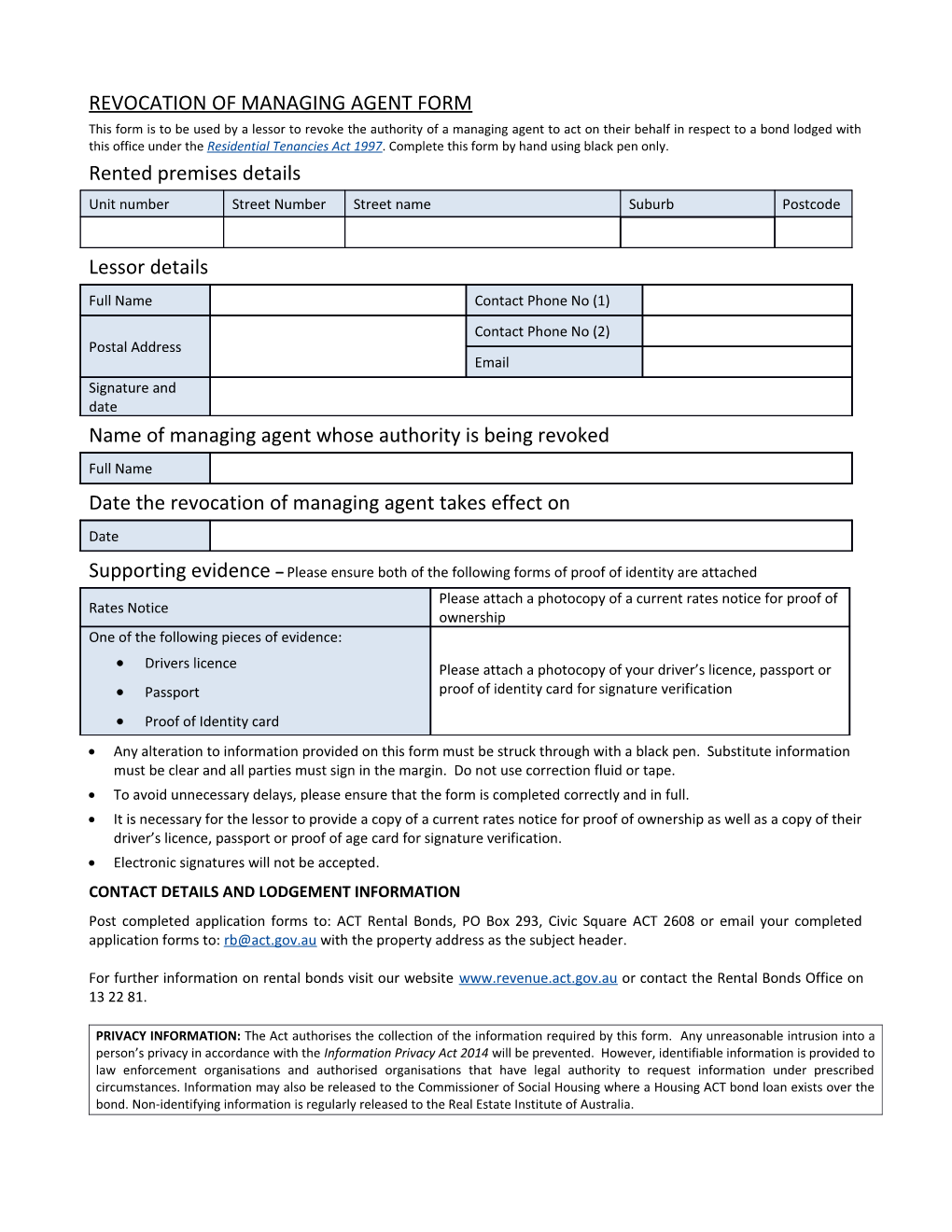 Revocation of Managing Agent Form