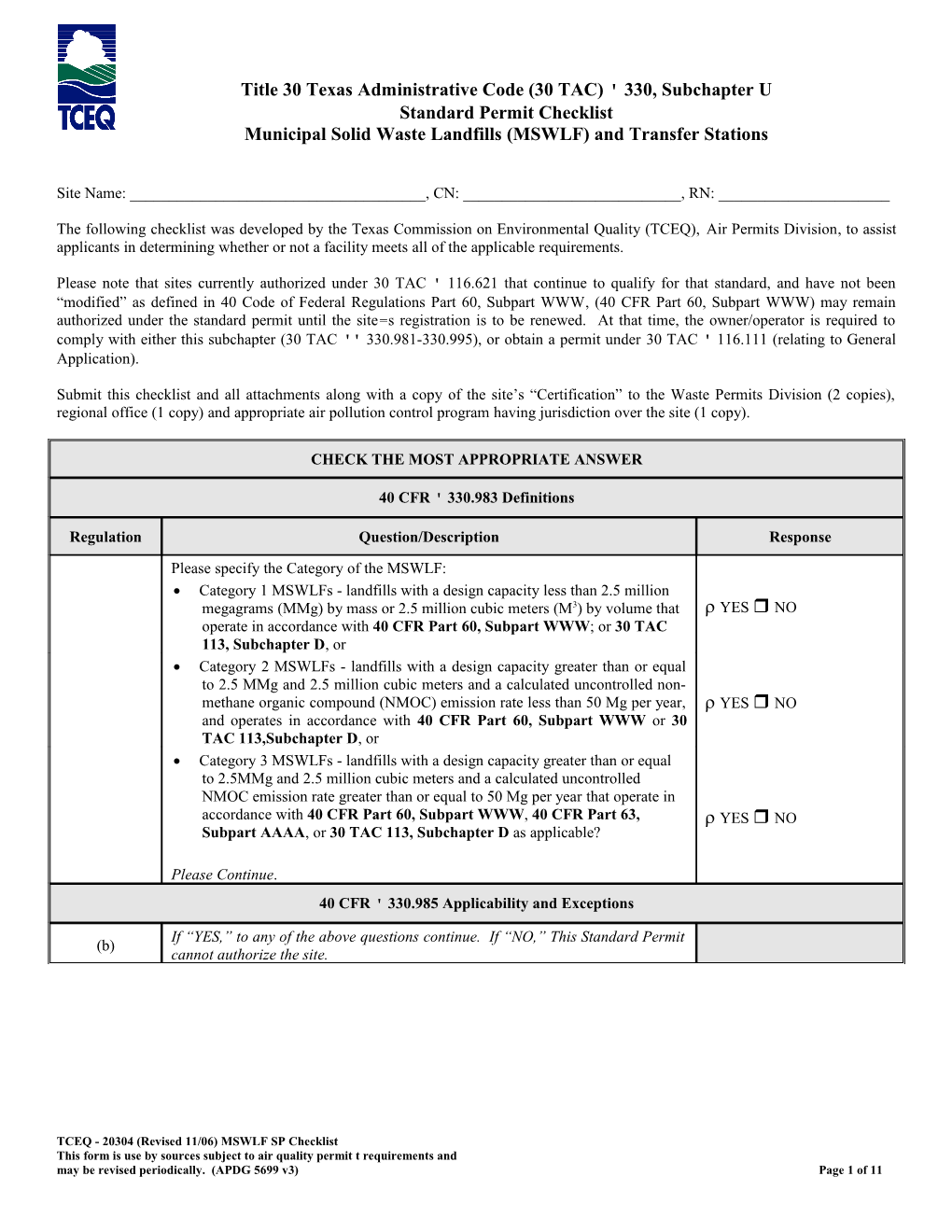 TCEQ - TAC 30 Section 330, Subchapter U Standard Permit Checklist Municipal Solid Waste