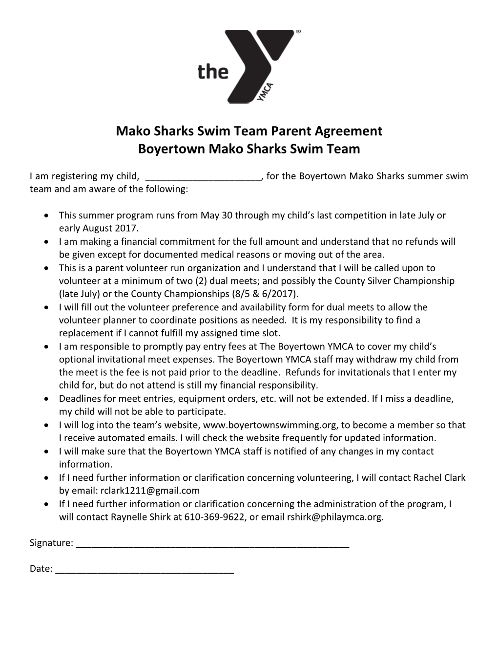 Mako Sharks Parent Agreement