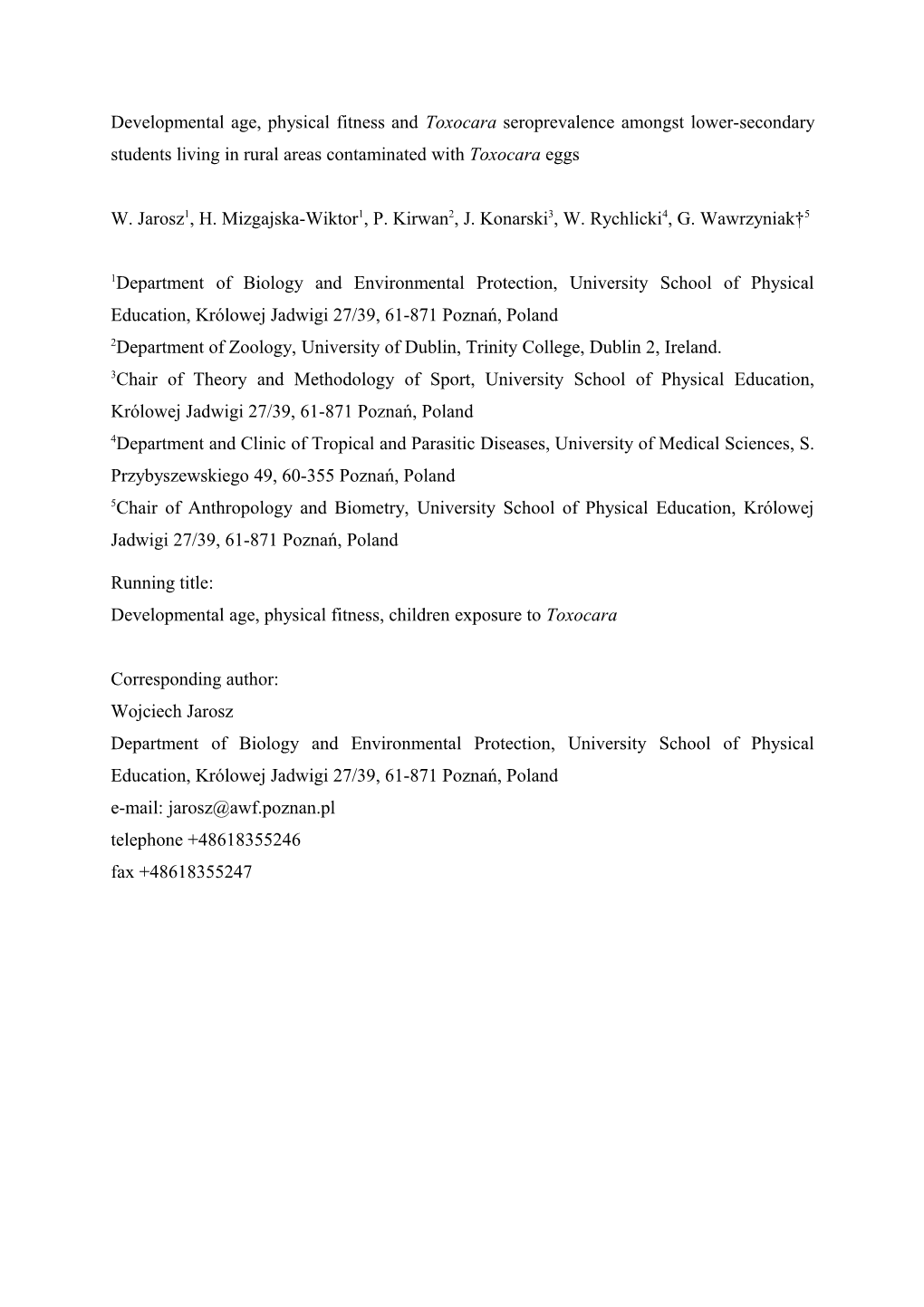 Developmental Age, Physical Fitness and Toxocara Seroprevalence Amongst Lower-Secondary