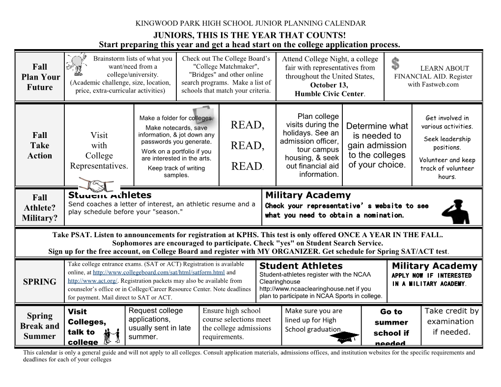 Kingwood Park High School Junior Planning Calendar