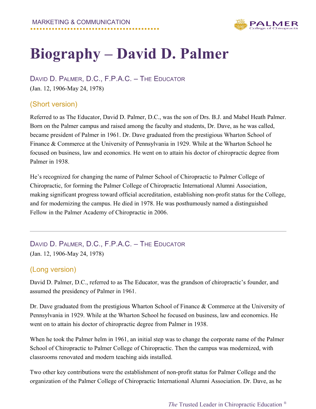 Biography David D. Palmer