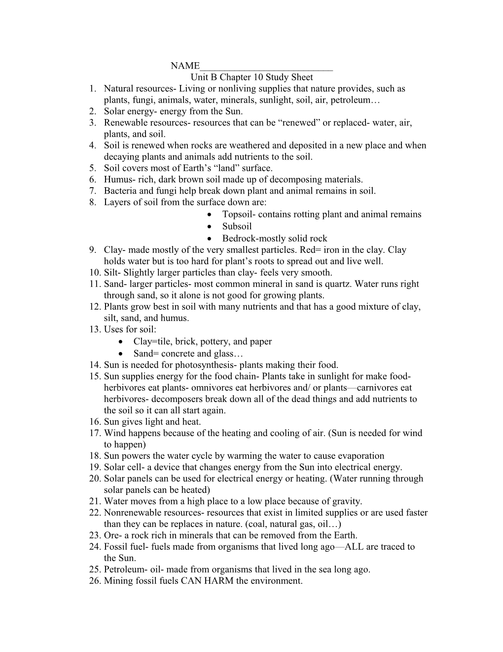 Unit B Chapter 10 Study Sheet