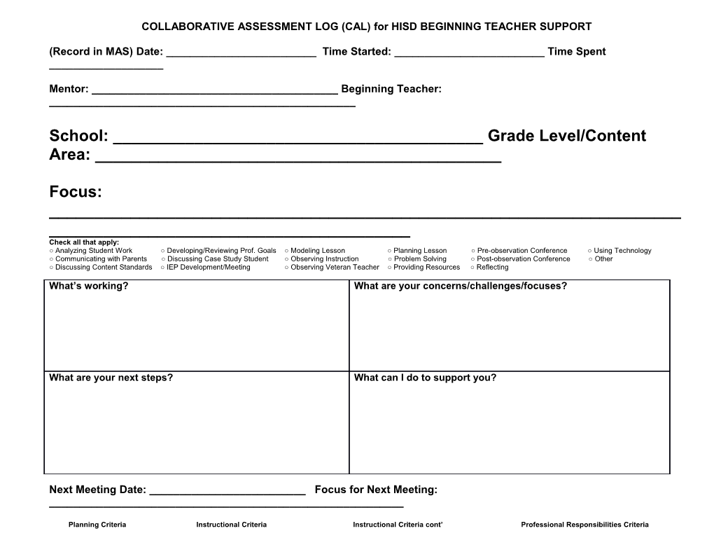 COLLABORATIVE ASSESSMENT LOG (CAL) for HISD BEGINNING TEACHER SUPPORT