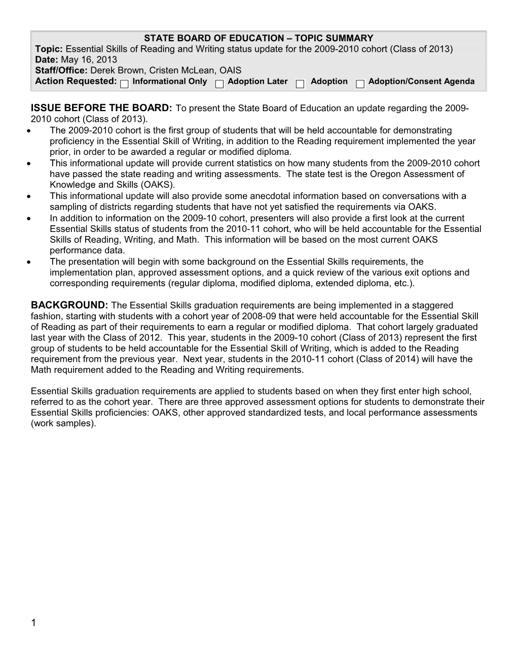 State Board of Education Topic Summary s19
