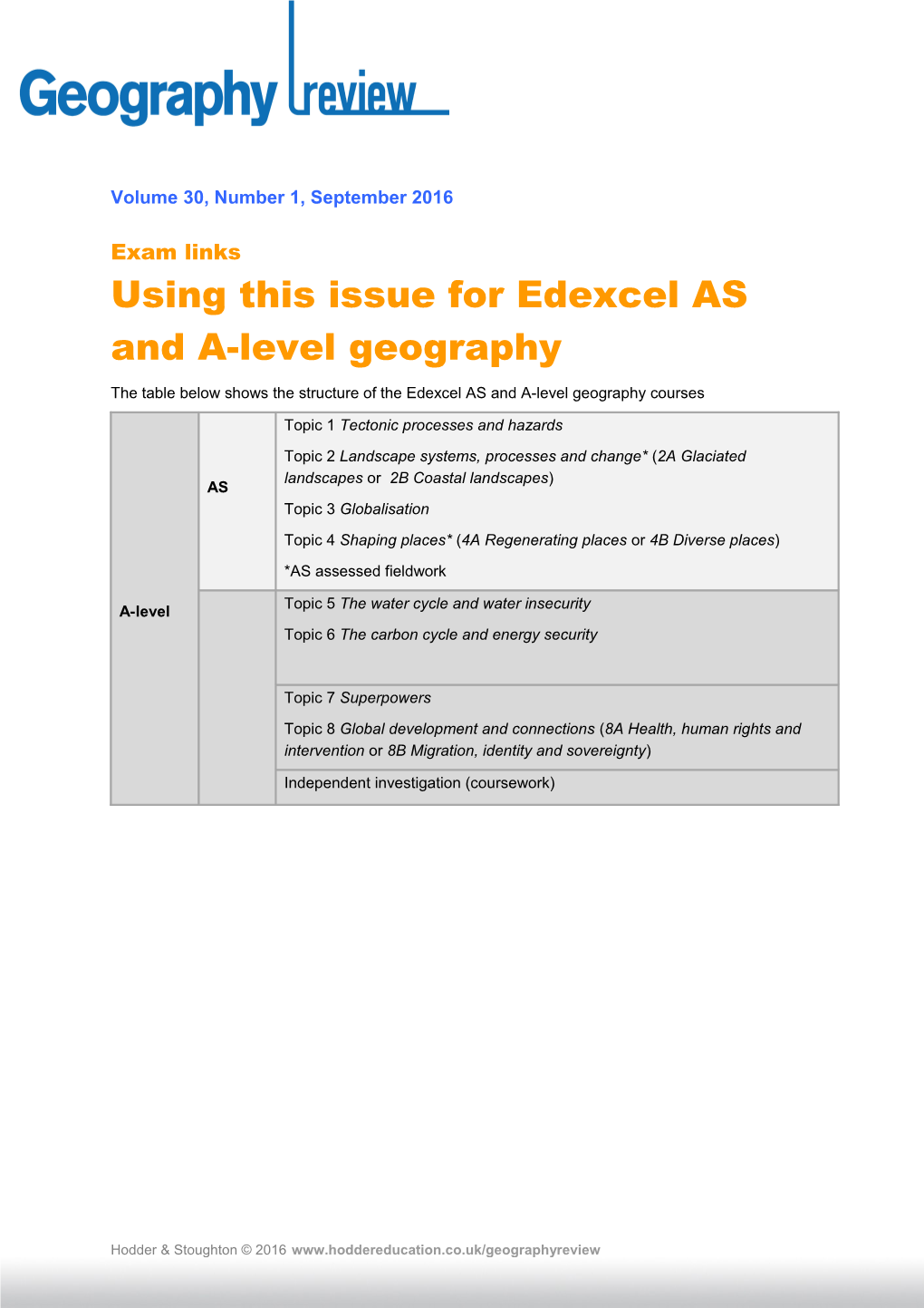 Using This Issue for Edexcel AS and A-Level Geography s1
