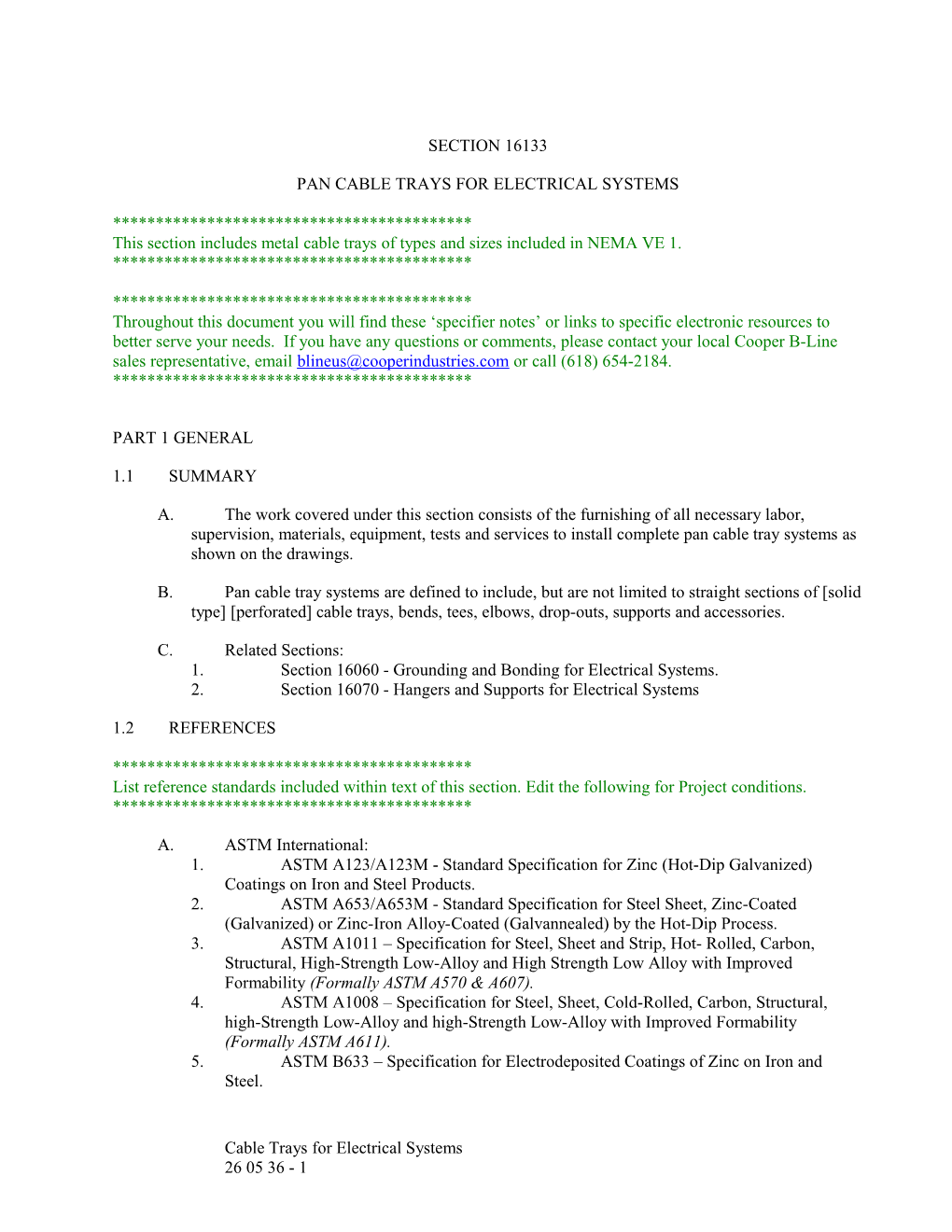 Specification - Section 16133 - Pan Cable Trays for Electrical Systems