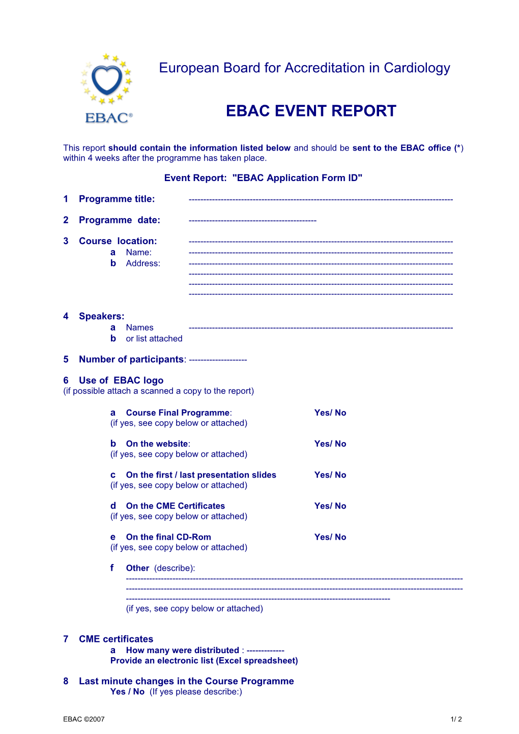 Event Report: EBAC Application Form ID