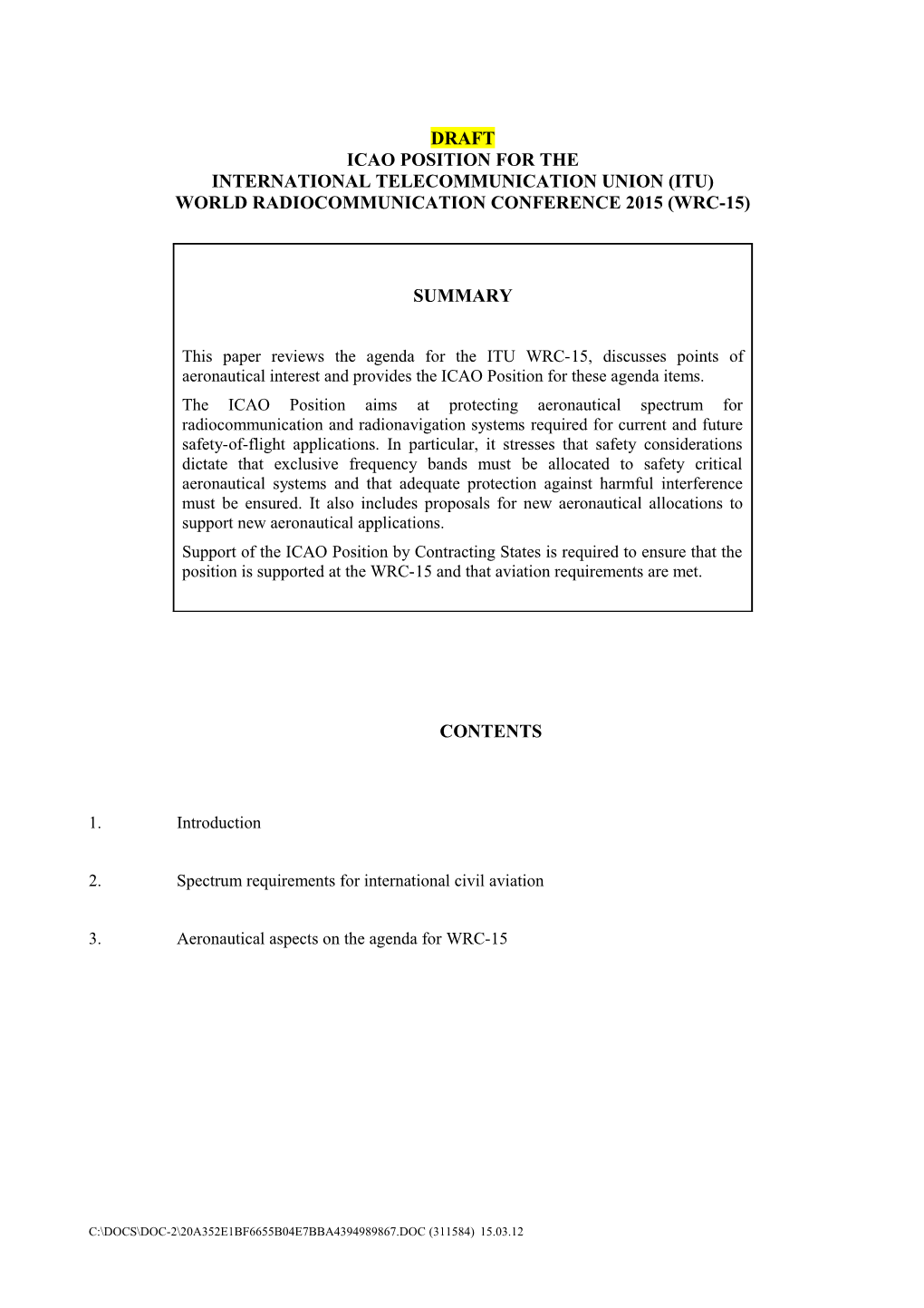 Appendix Proposal for the Draft ICAO Position for WRC-15