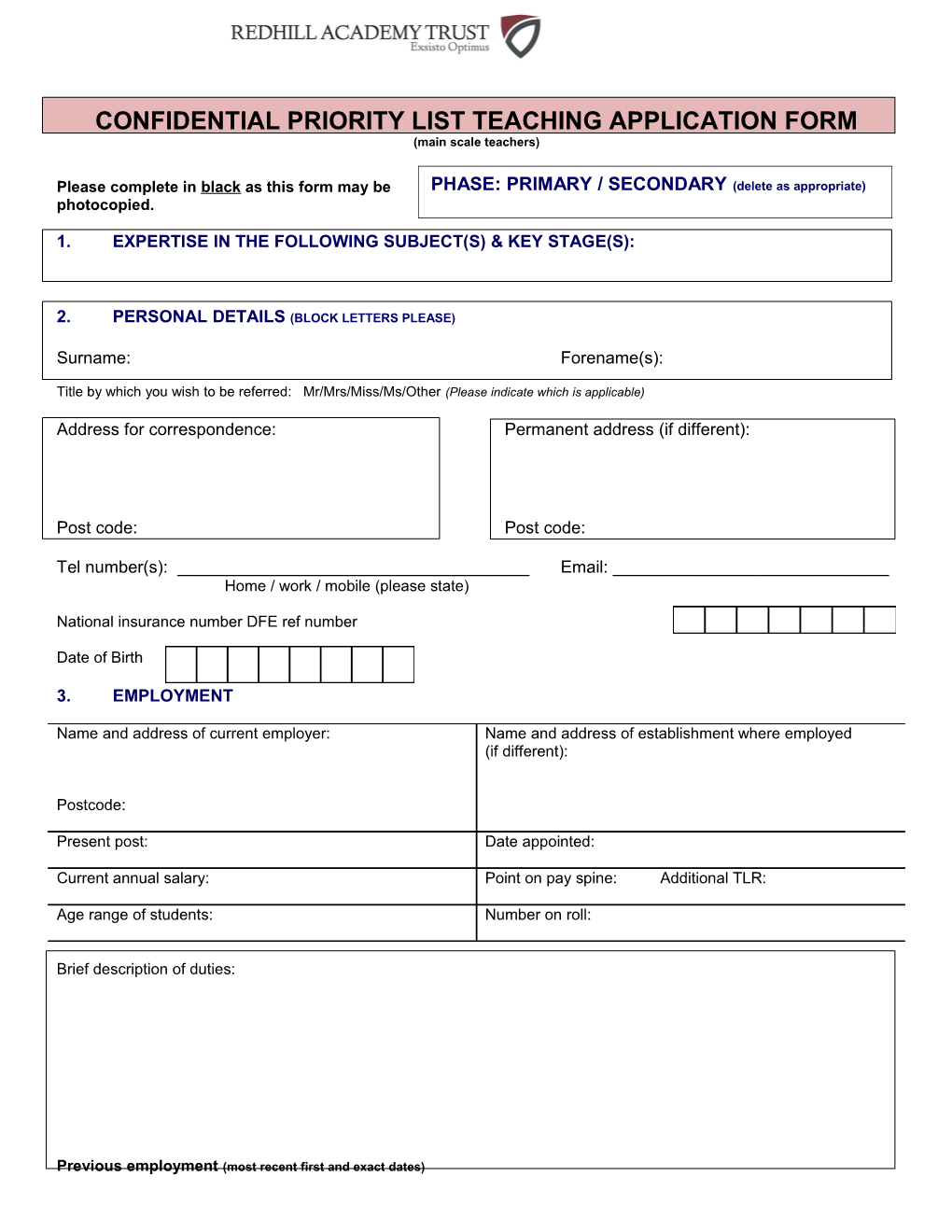 Confidential Priority List Teaching Application Form