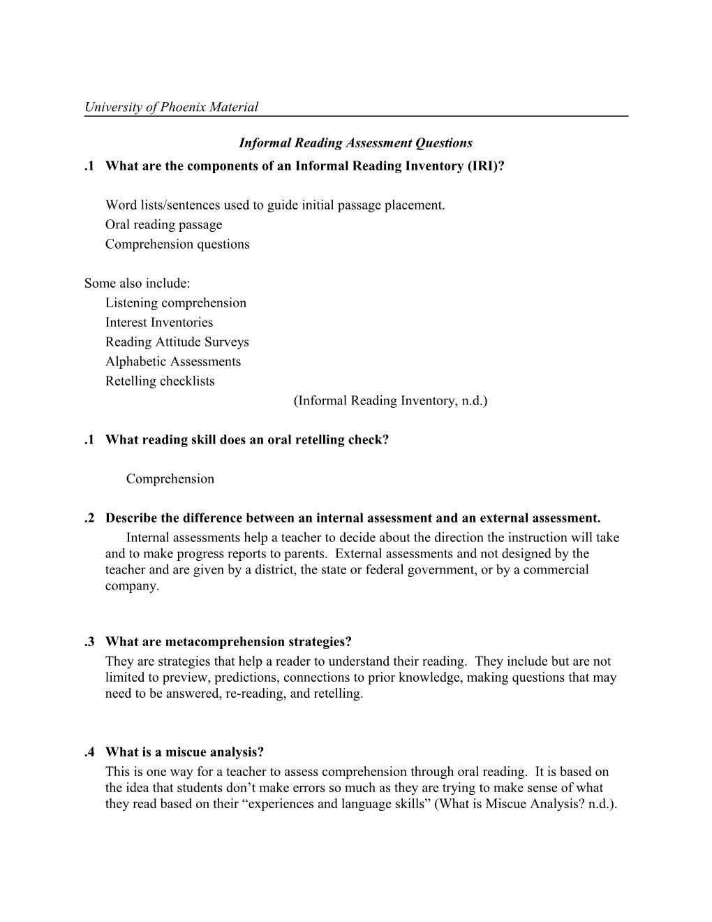 Informal Reading Assessment Questions