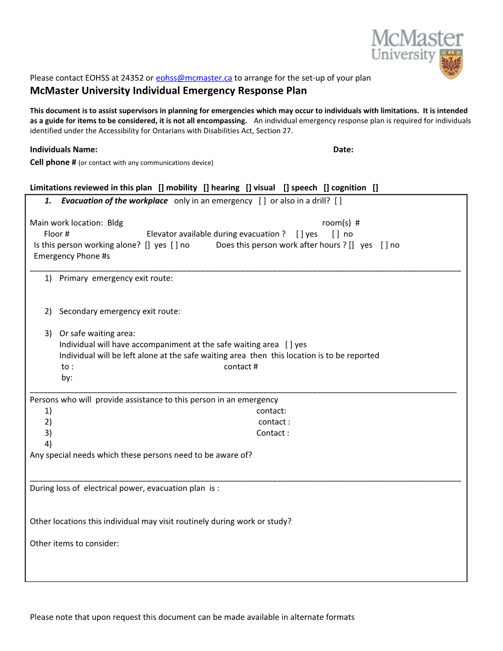 Mcmaster University Individual Emergency Response Plan