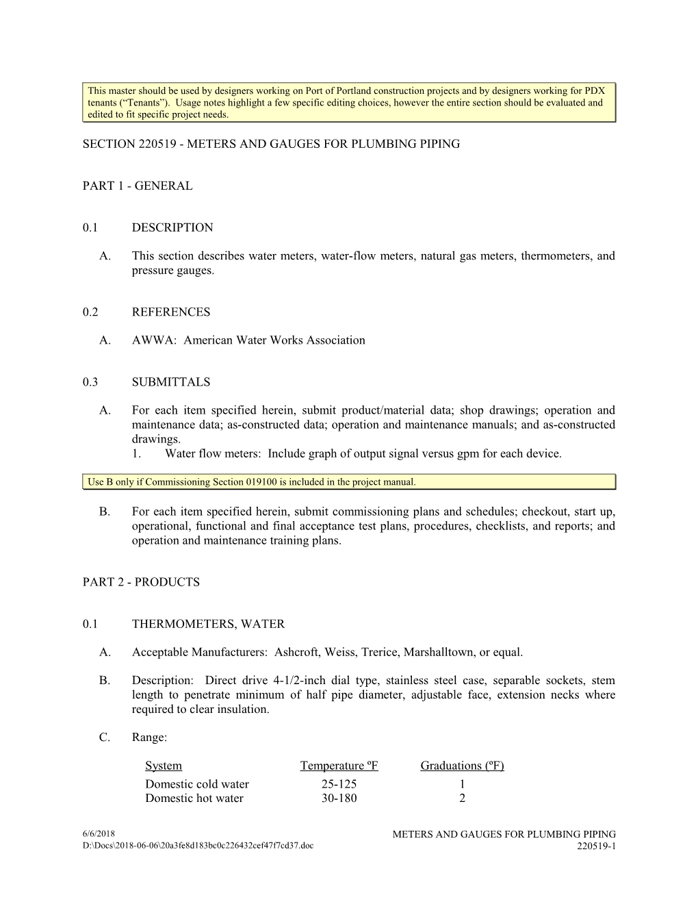 Section 220519 - Meters and Gauges for Plumbing Piping