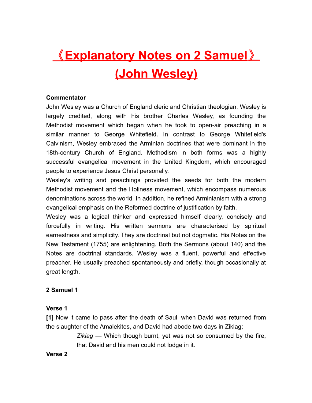Explanatory Notes on 2 Samuel (John Wesley)