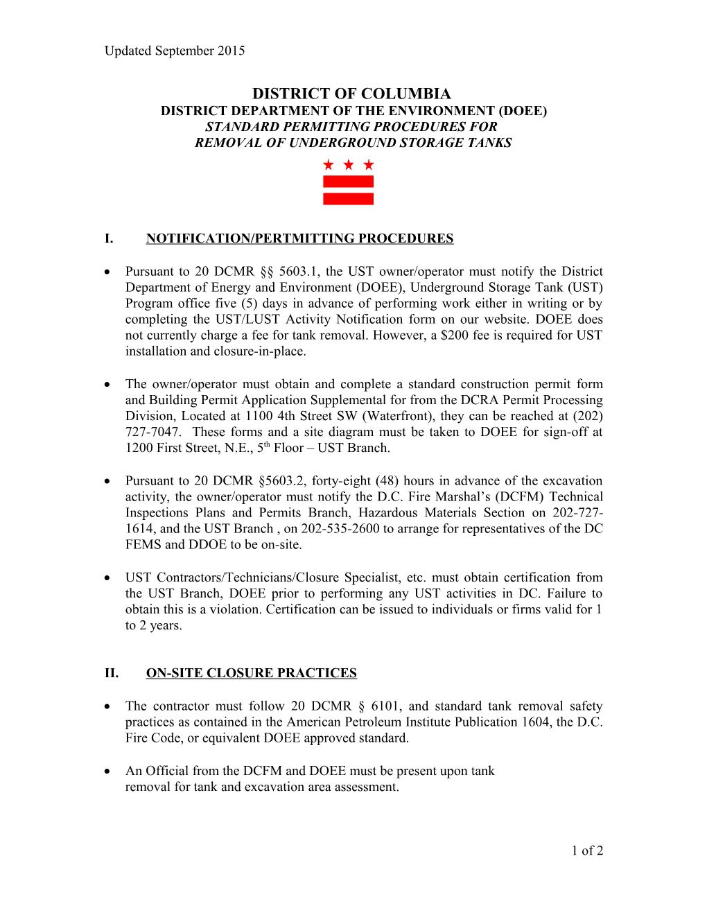 The District Department of the Environment Standard Procedures for Removal of Underground