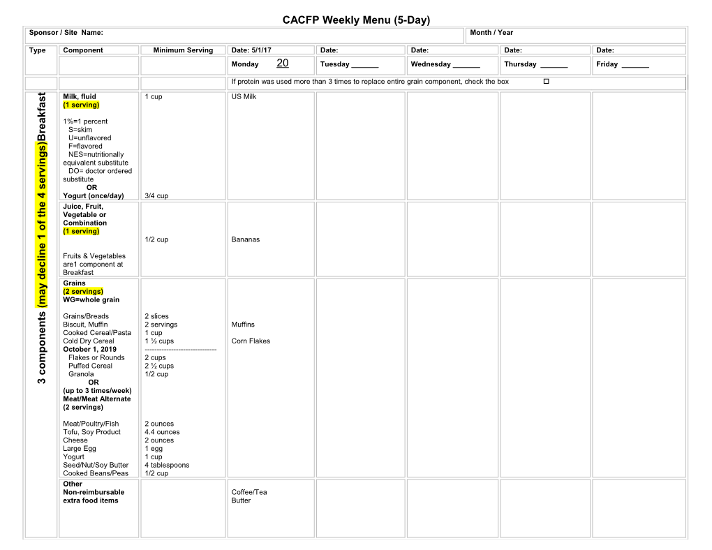 Ohio CACFP Weekly Menu for Children s2