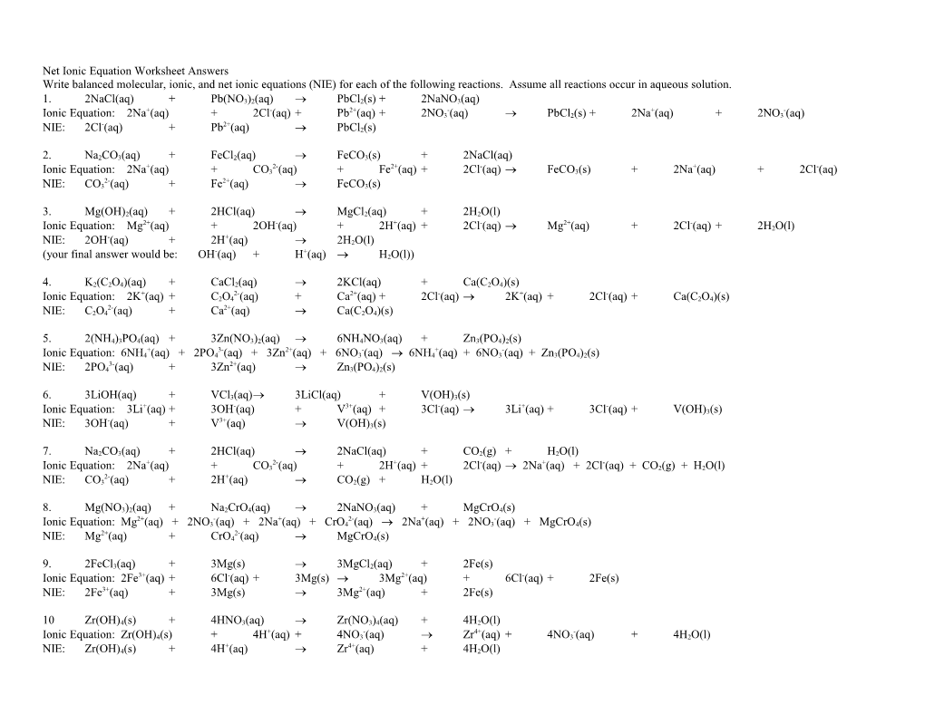 Net Ionic Equation Worksheet Answers