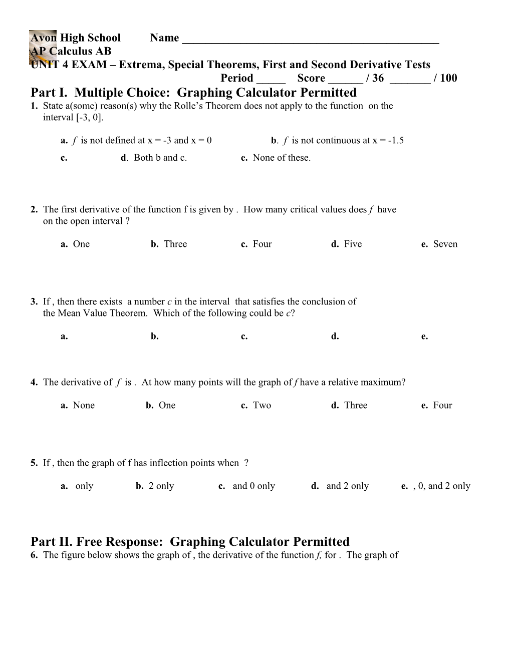 Part I. Multiple Choice: Graphing Calculator Permitted s1