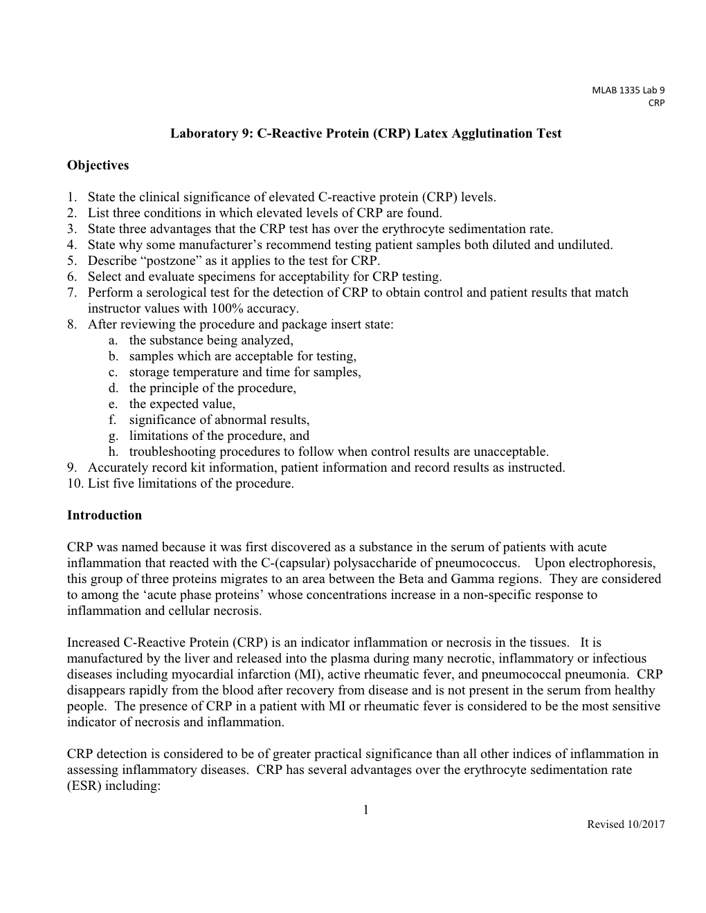 Laboratory 9: C-Reactive Protein (CRP) Latex Agglutination Test