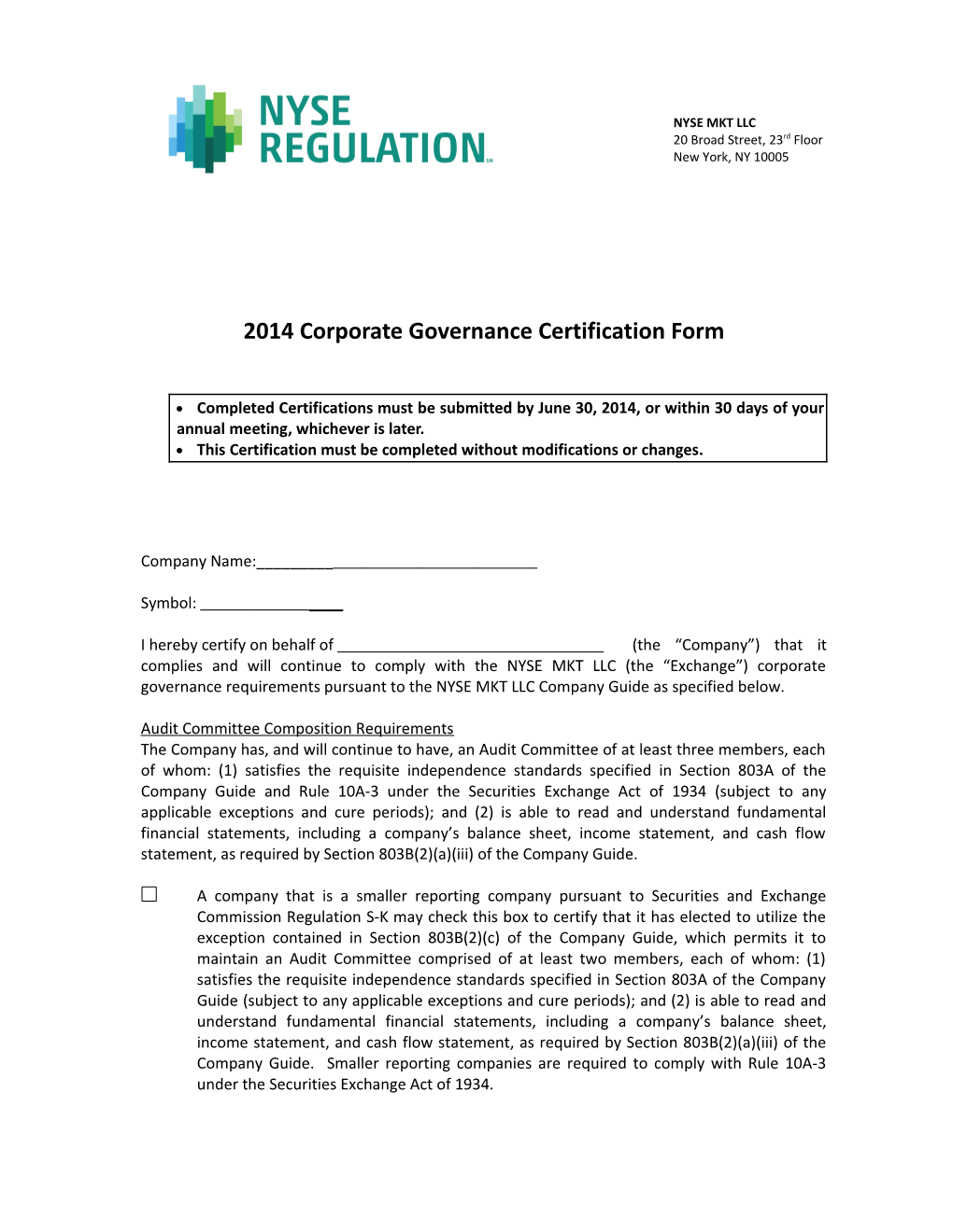 Certification Form Audit Committee Requirements