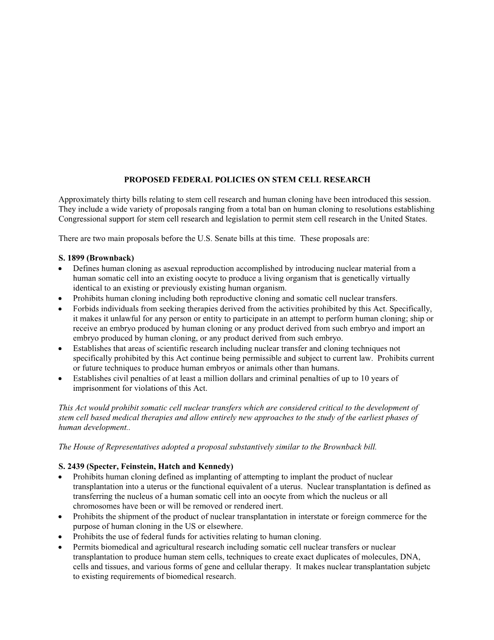 Proposed Federal Policies on Stem Cell Research