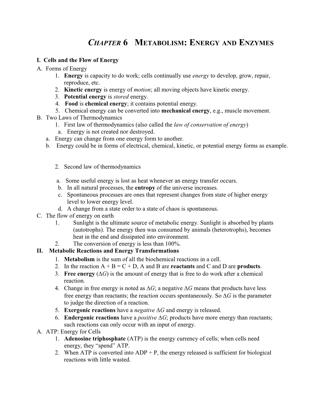 Chapter 6 Metabolism: Energy and Enzymes