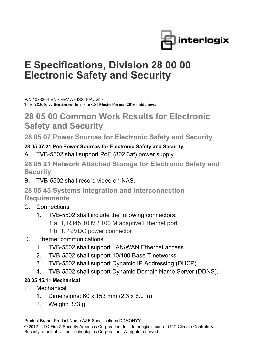 TVB-5502 IP S5 Camera A&E Specifications, Division 28 00 00 Electronic Safety and Security