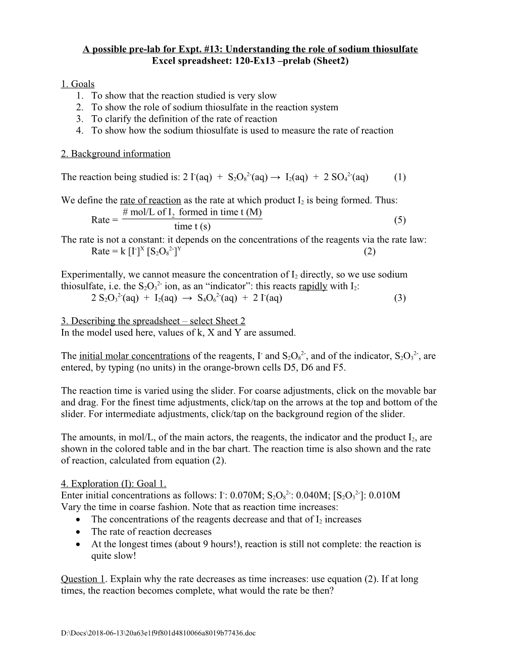 A Possible Pre-Lab for Expt. #13: Understanding the Role of Sodium Thiosulfate