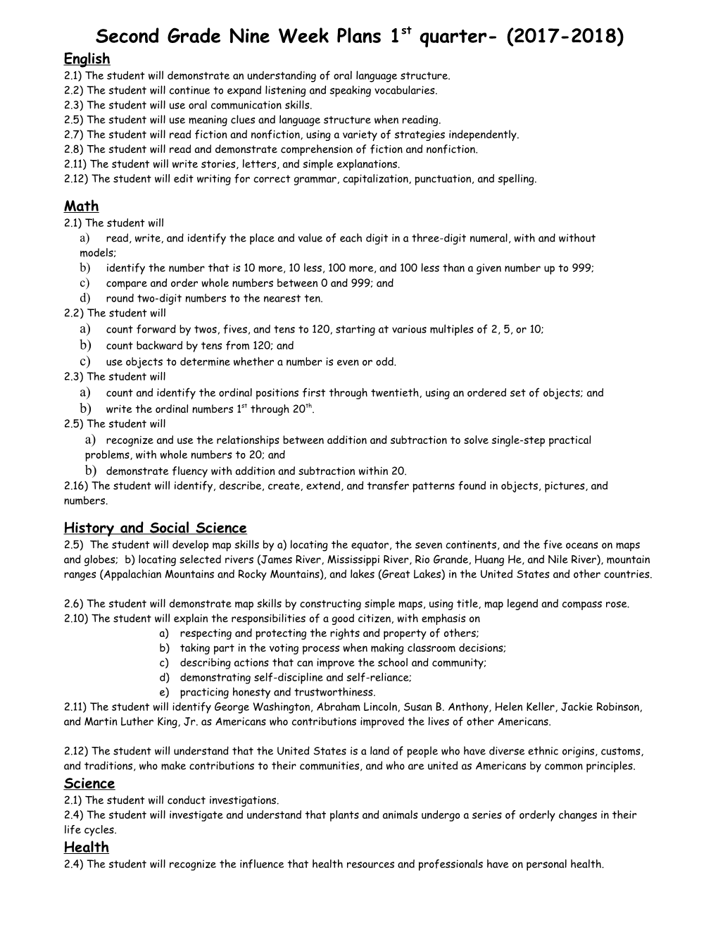 Second Grade Nine Week Plans