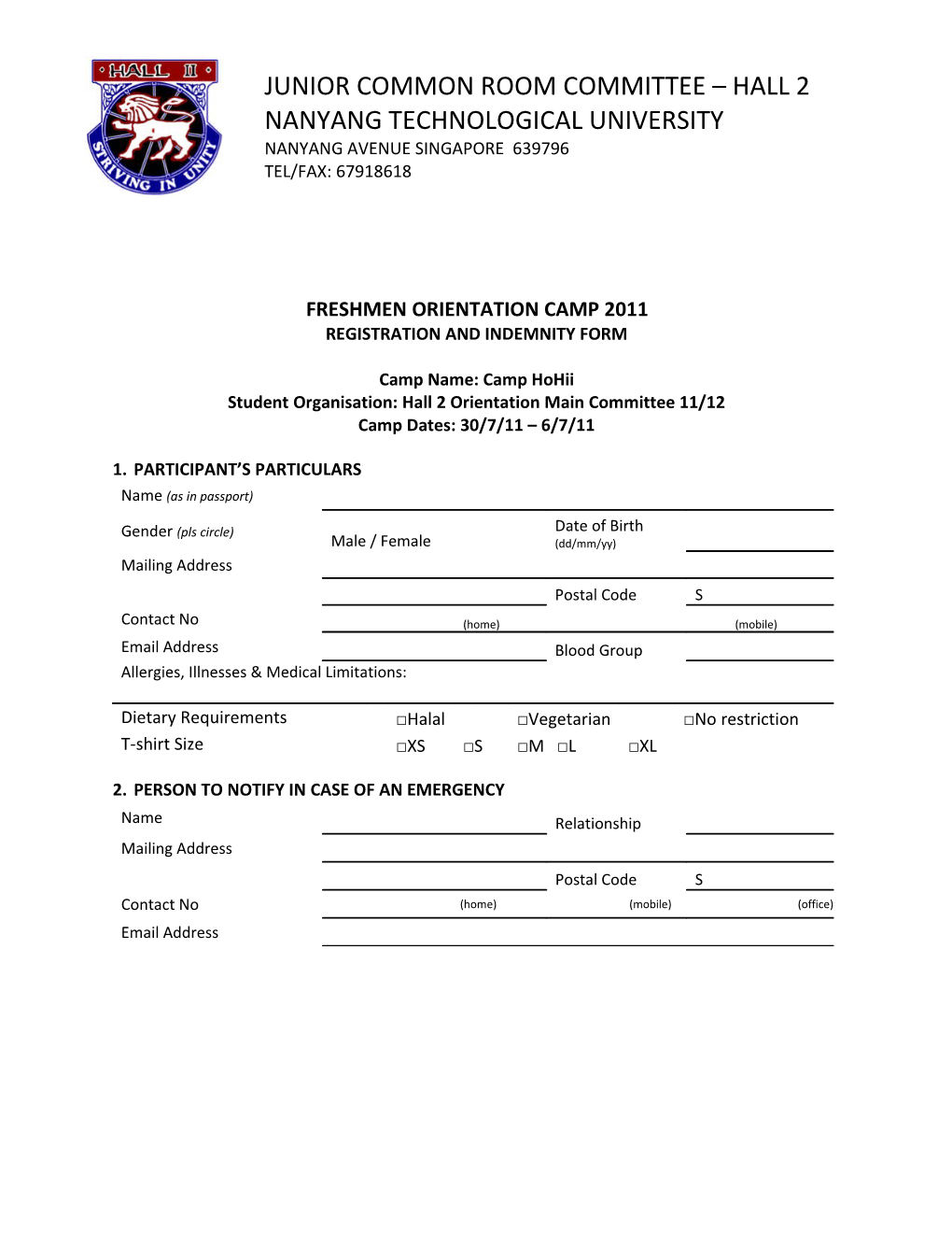 Registration and Indemnity Form