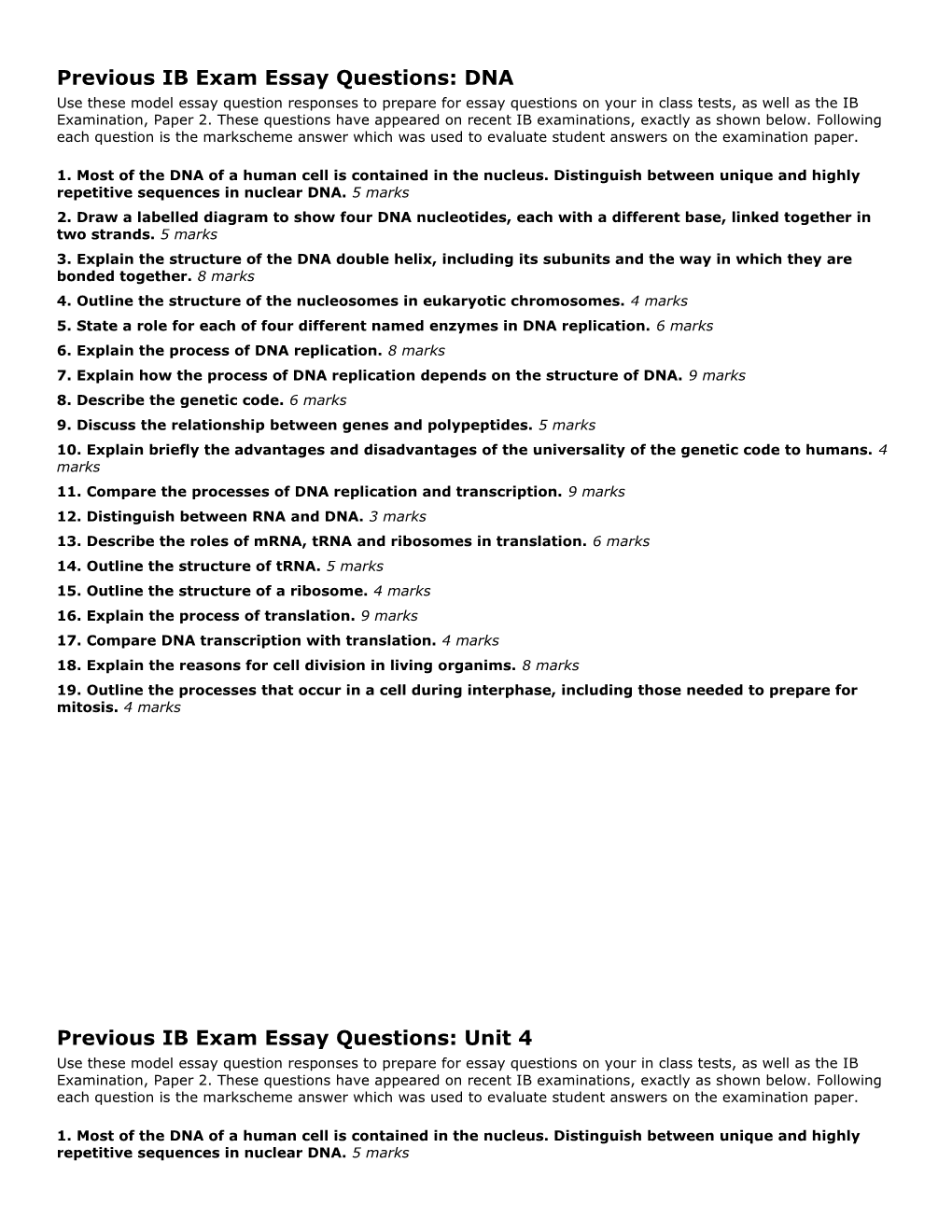 Previous IB Exam Essay Questions: DNA