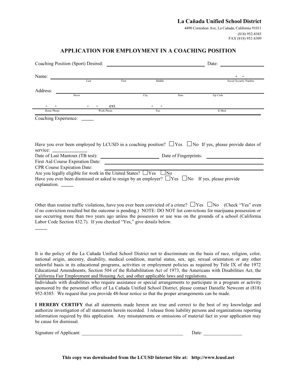 Application for Employment in a Coaching Position