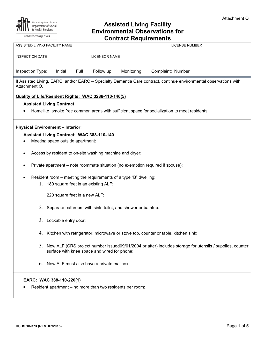 Assisted Living Facility Environmental Observations for Contract Requiements - Attachment O