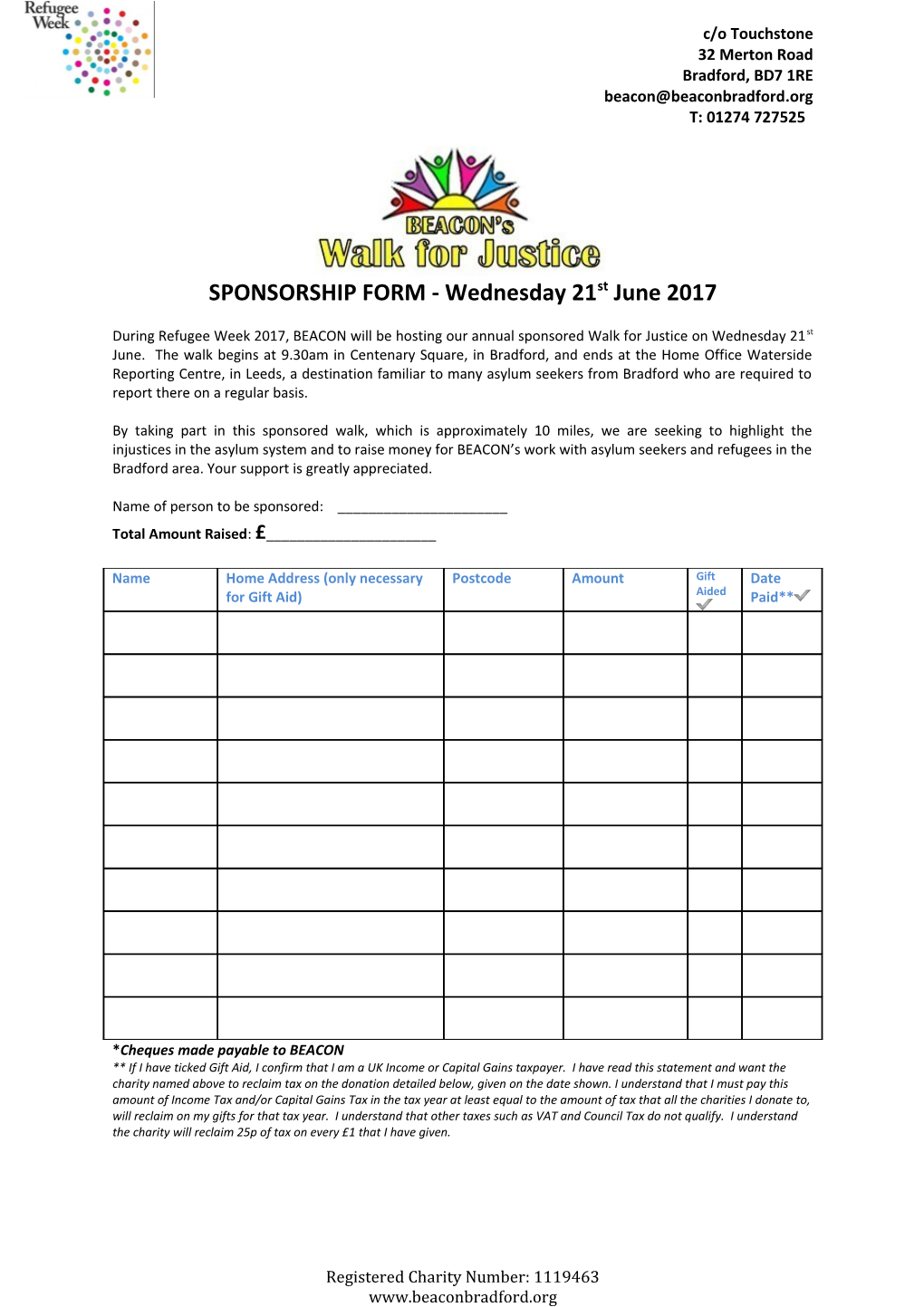 SPONSORSHIP FORM - Wednesday 21St June 2017