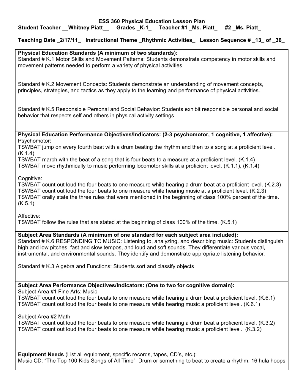 ESS 360 Physical Education Lesson Plan