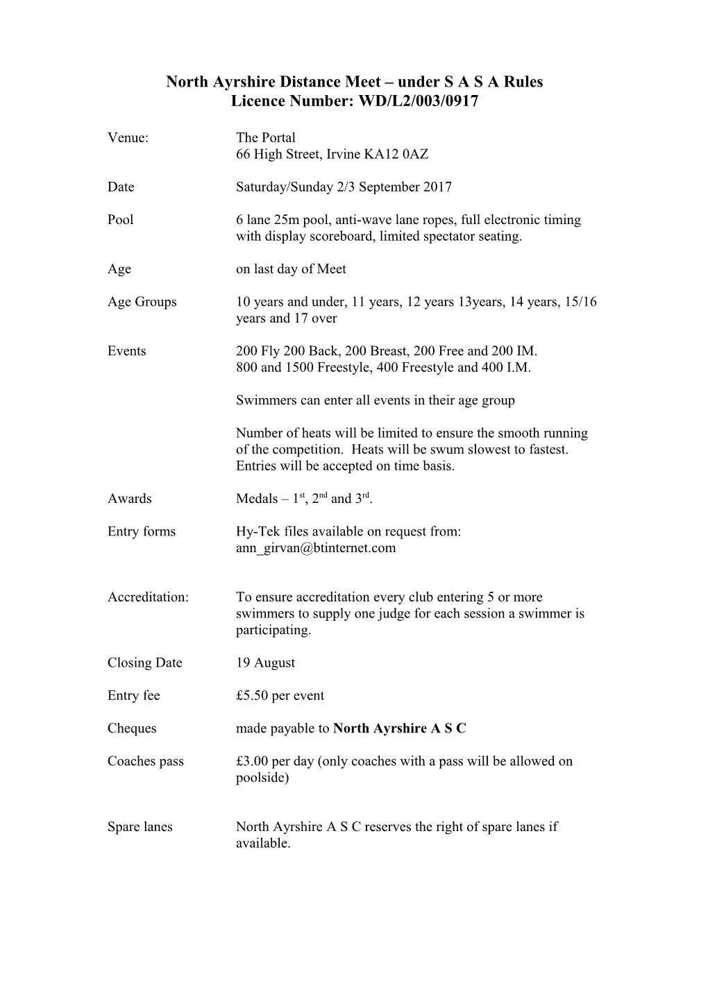 North Ayrshire Distance Meet Under S a S a Rules