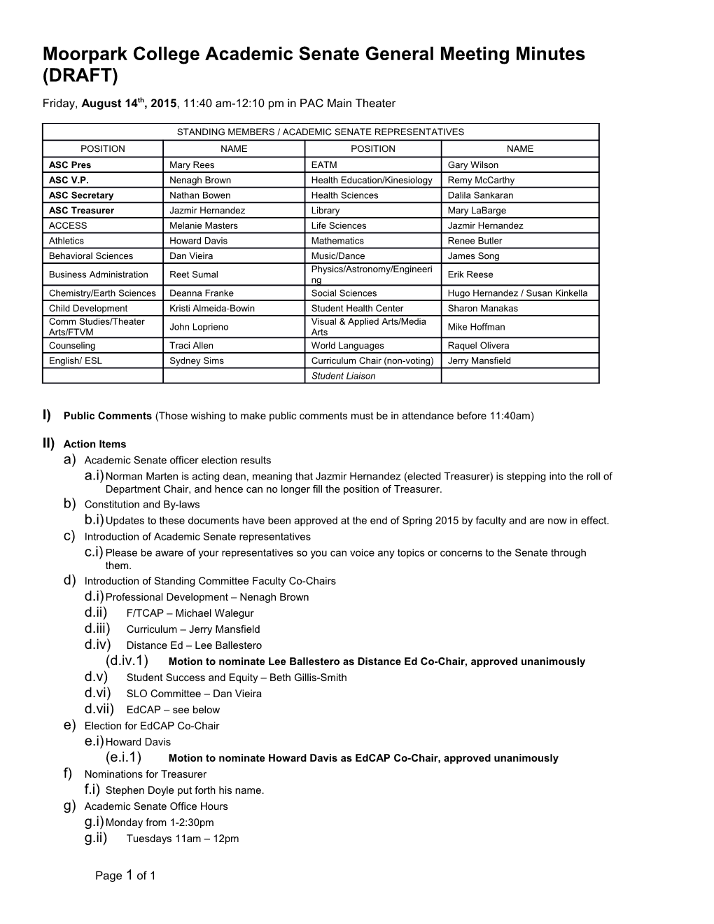 Moorpark College Academic Senate General Meeting Minutes (DRAFT)