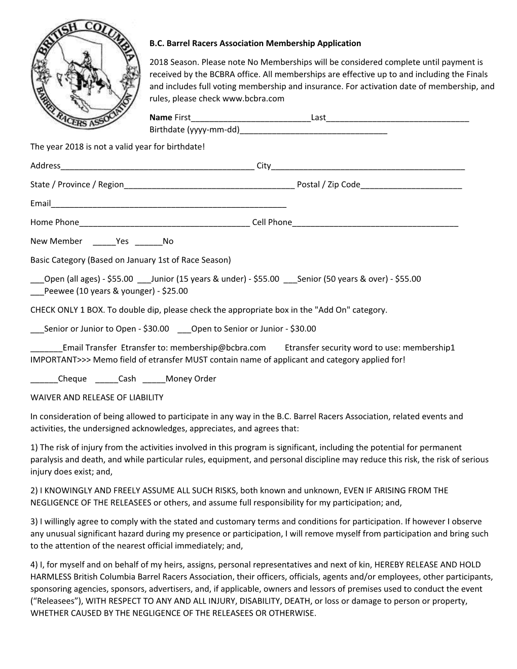 B.C. Barrel Racers Association Membership Application
