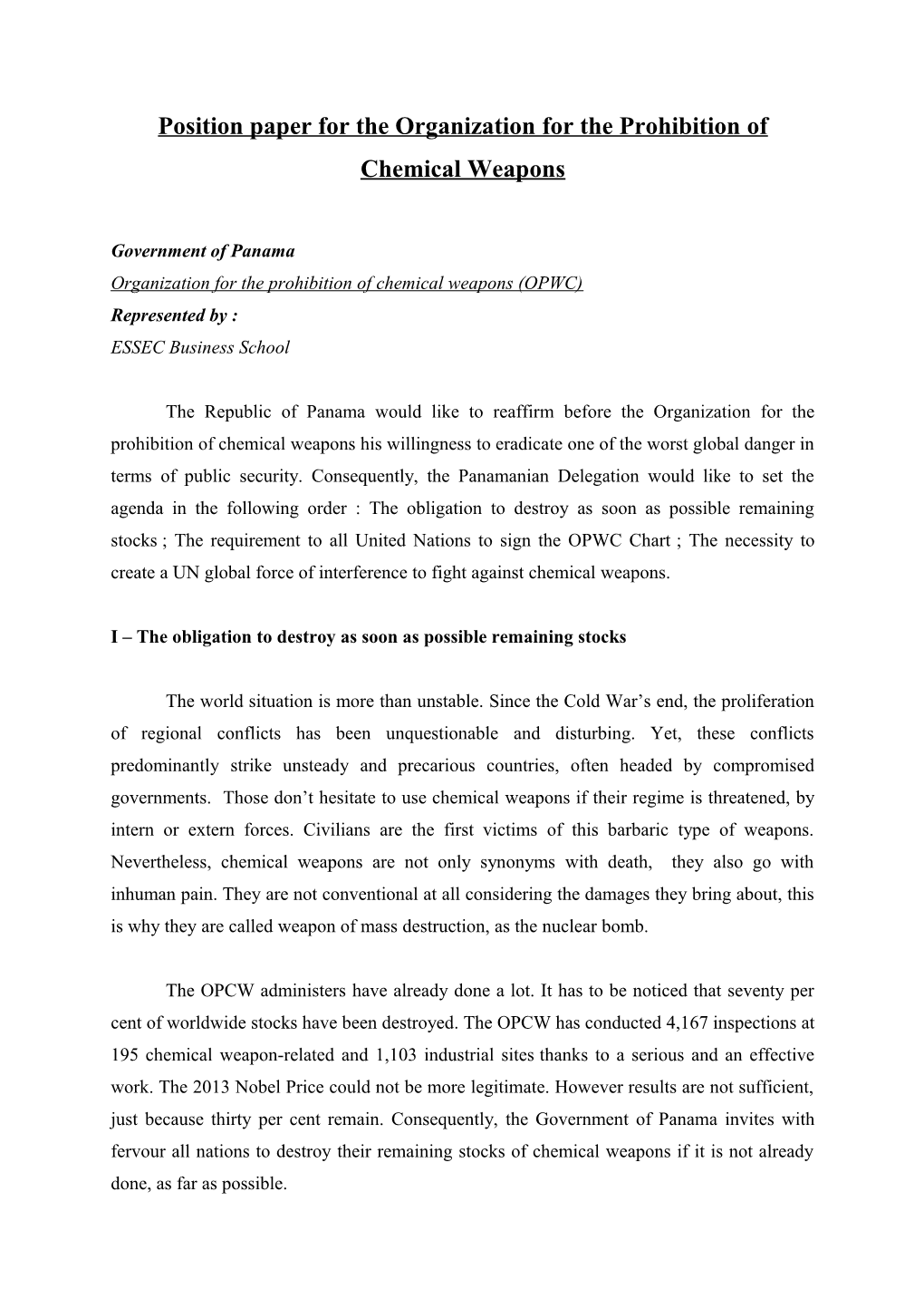 Position Paper for the Organization for the Prohibition of Chemical Weapons