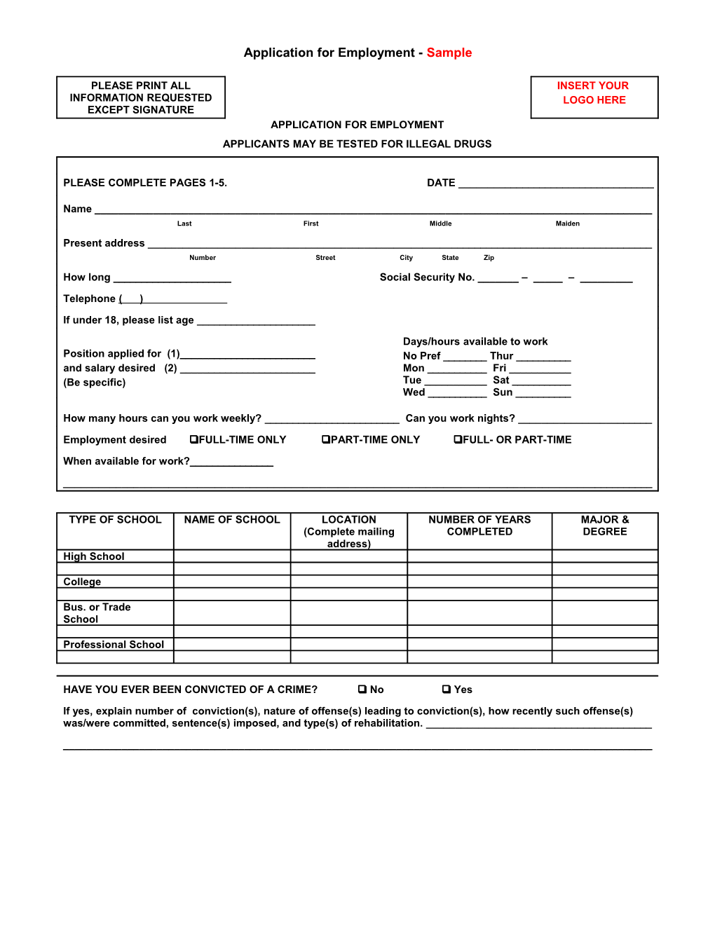 Application for Employment - Sample