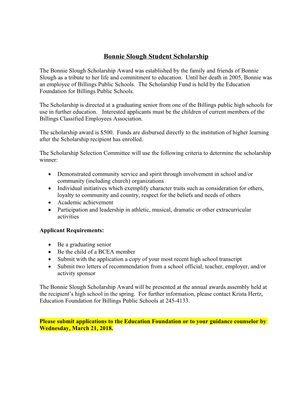 Bonnie Slough Student Scholarship