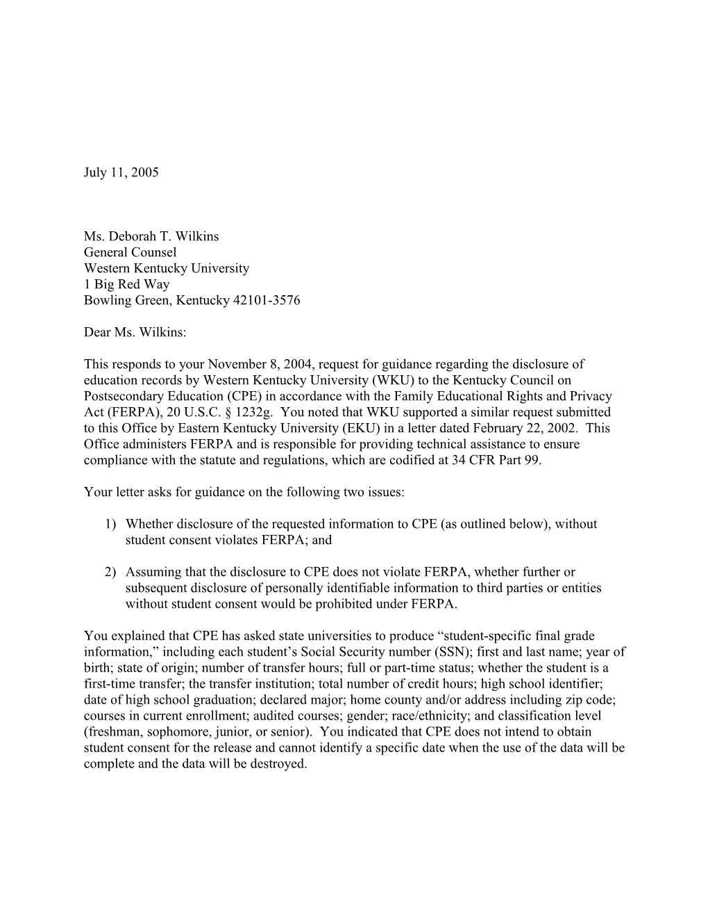 Letter to Western Kentucky University Re: Disclosure of Information to Statewide Database