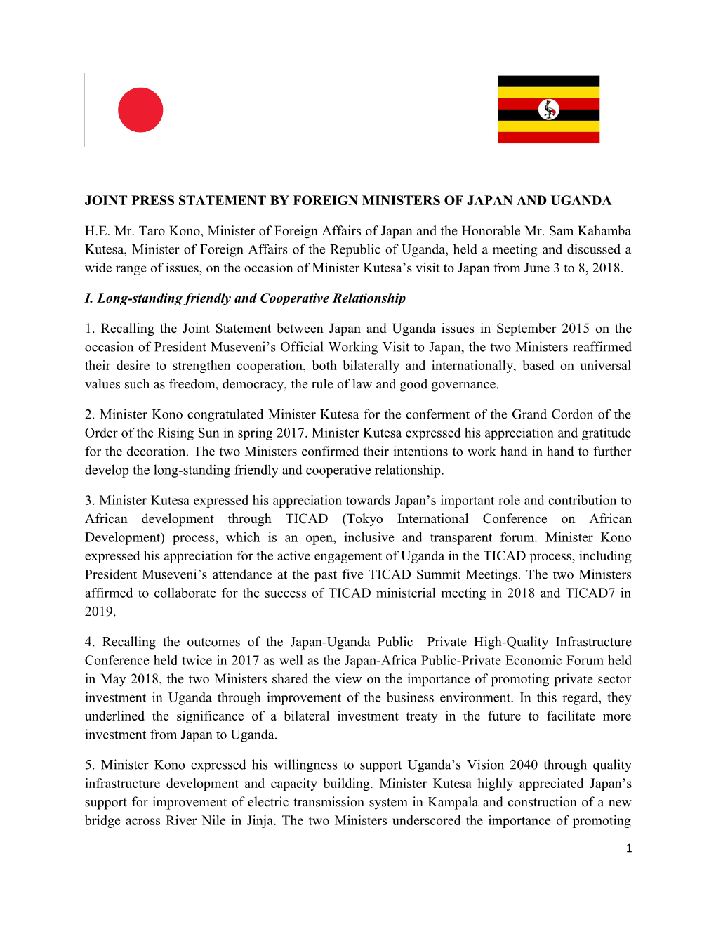 Joint Press Statement by Foreign Ministers of Japan and Uganda