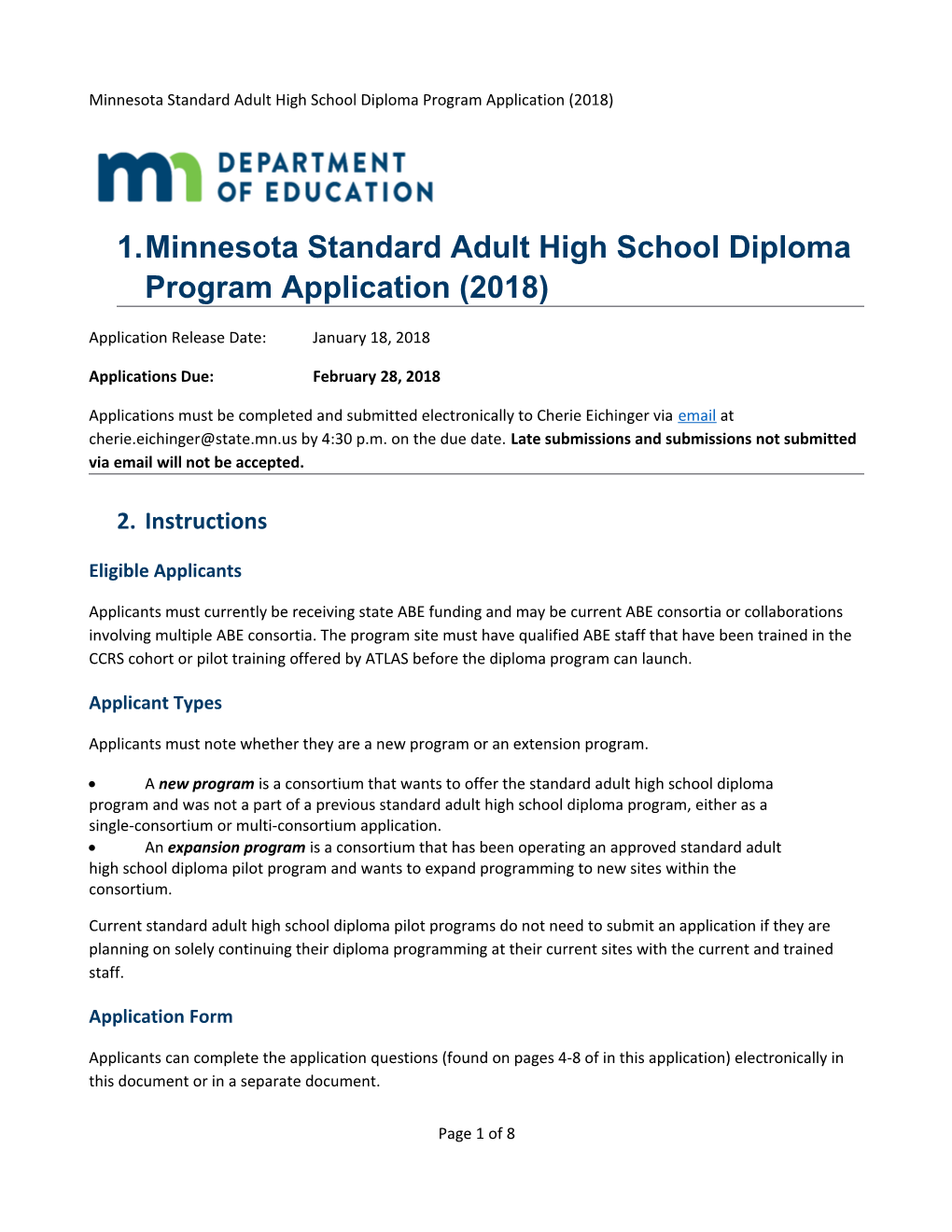 Minnesota Standard Adult High School Diploma Program Application (2018)