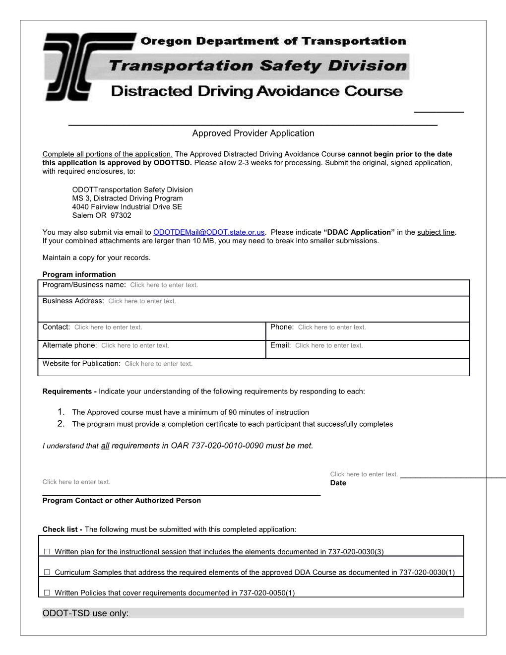 Distracted Driving Avoidance Course Provider Application