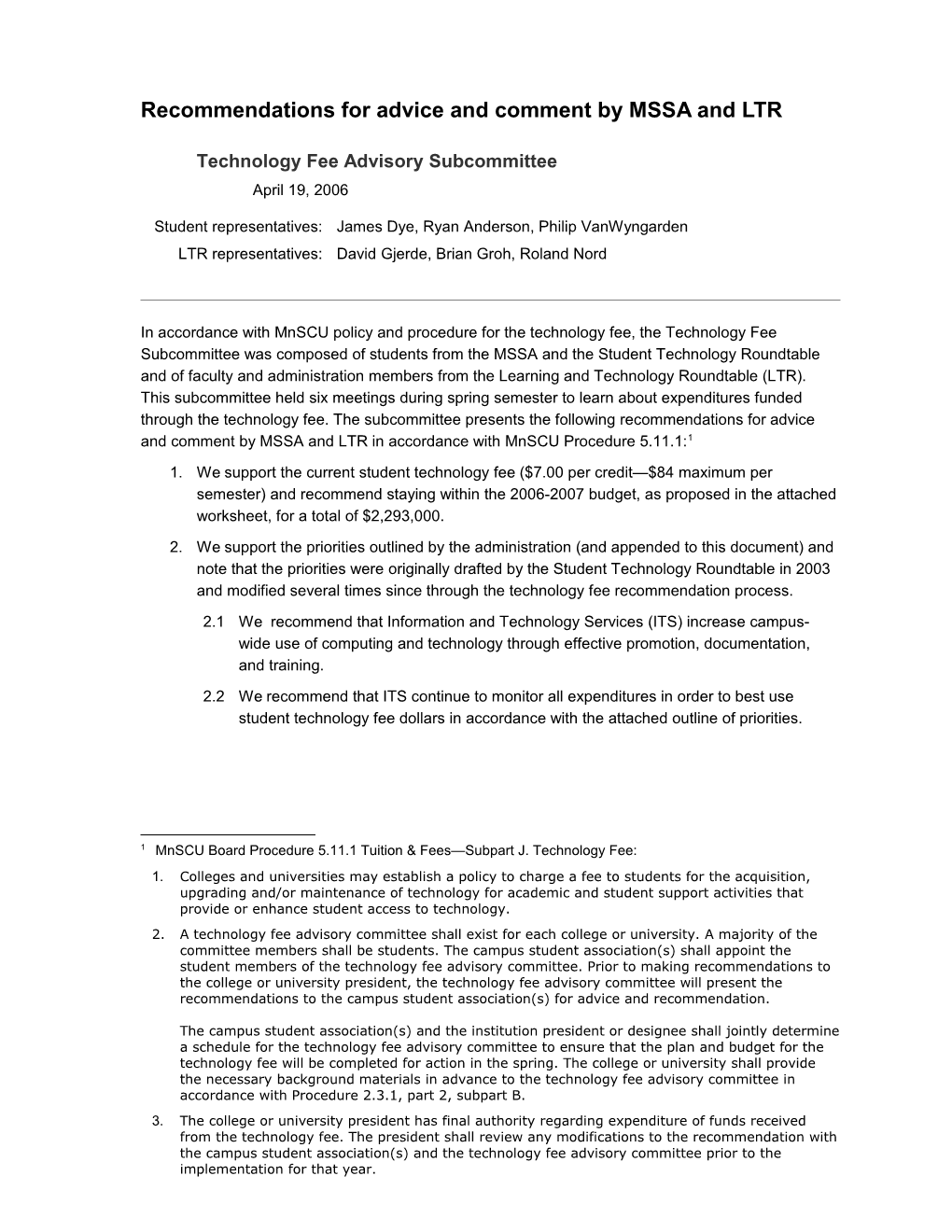 Technology Fee Subcommittee Recommendations