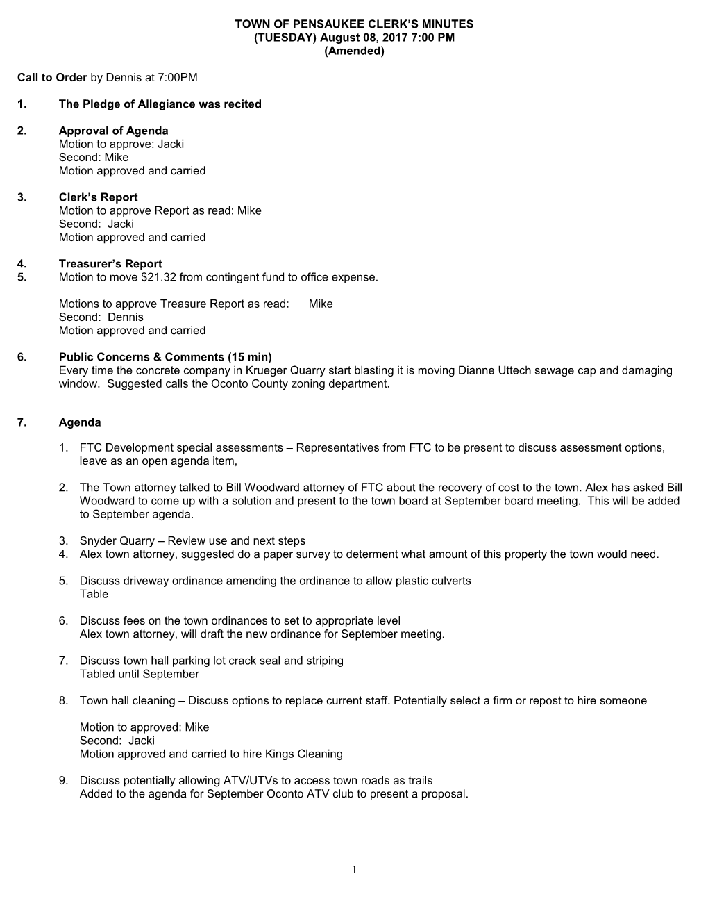 Town of Pensaukee Clerk S Minutes s1